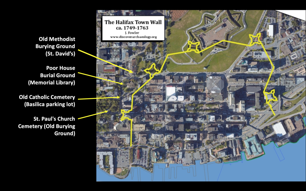 Aerial of downtown Halifax with location of town walls (palisade) and locations of original burial grounds.