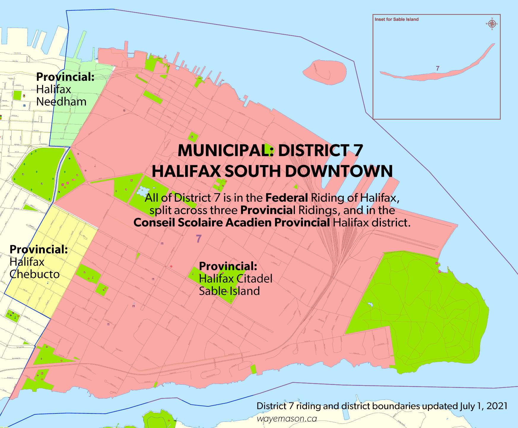 Map of District 7 showing political divisions (Federal, Provincial, Conseil, Municipal)