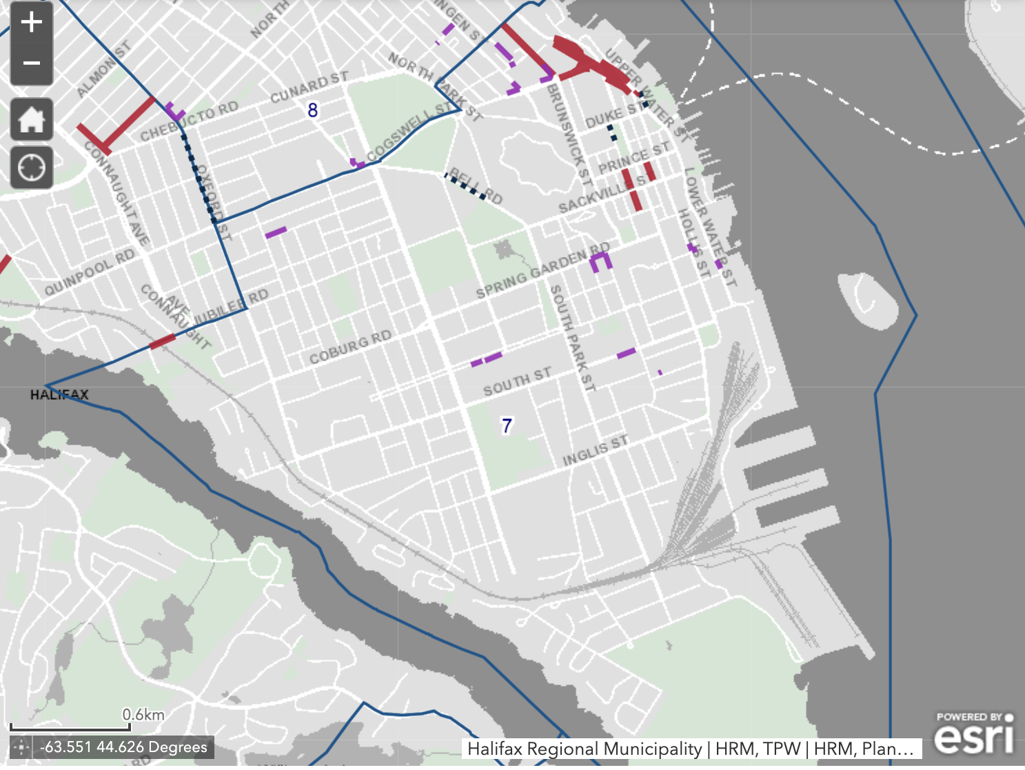 Roadworks map showing construction on roads and sidewalks